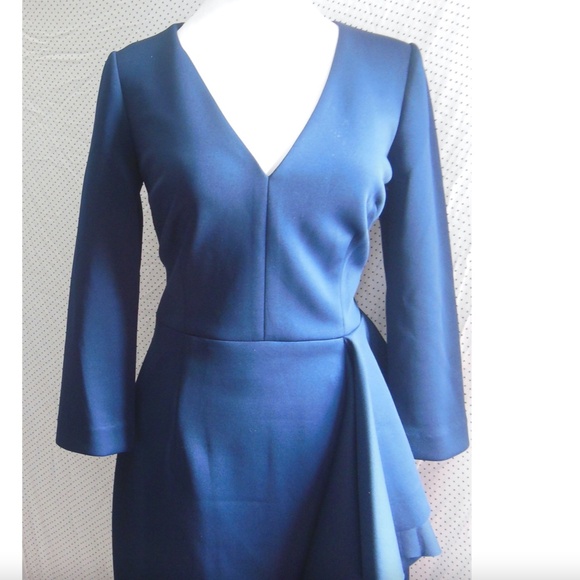 NEW ELIZA J Navy V-NECK Ruffle Side SCUBA Crepe COCKTAIL Sheath DRESS 8 - Picture 5 of 10